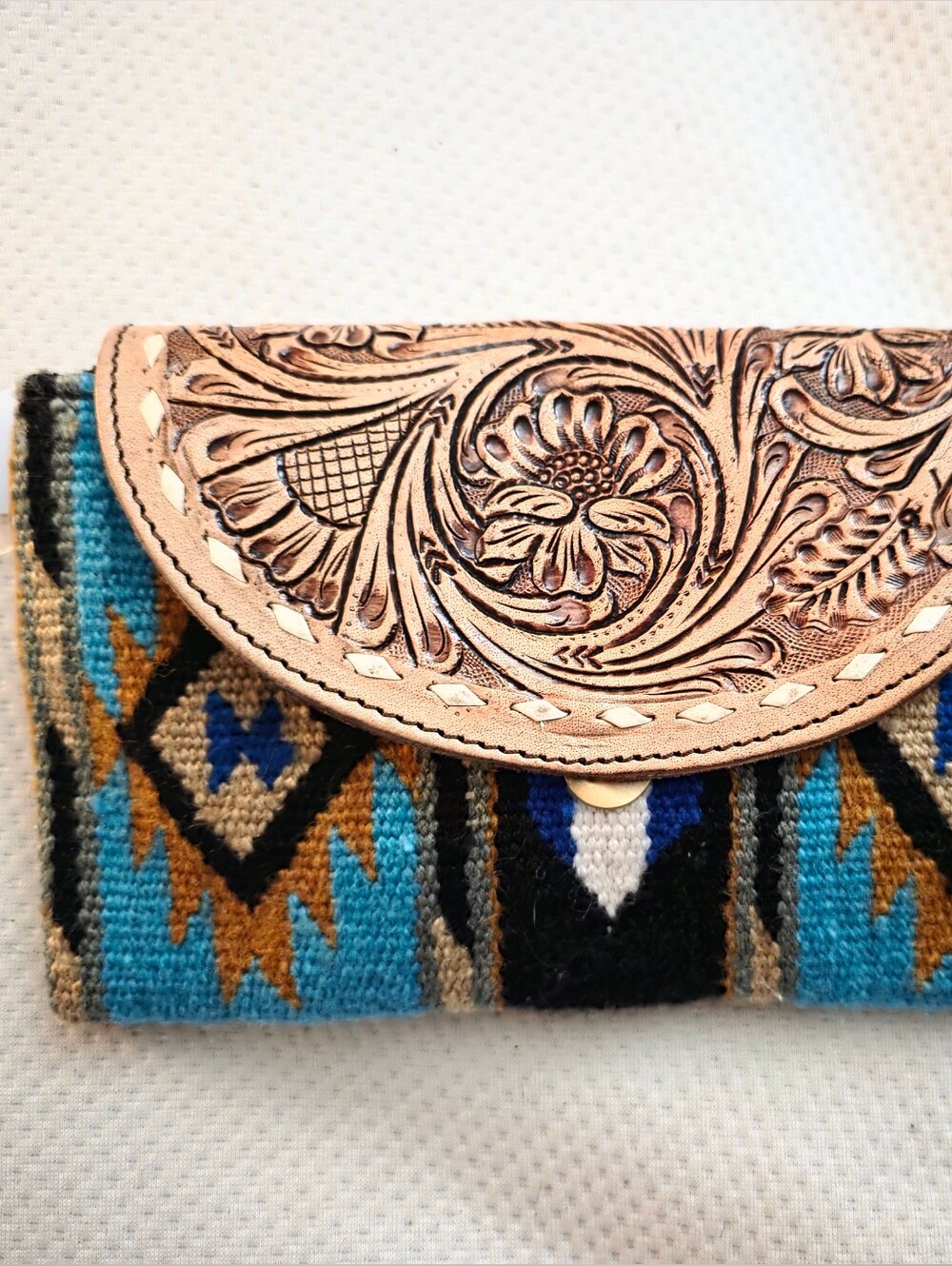 Turquoise and Tan Embossed Leather Wallet - Women Accessories
